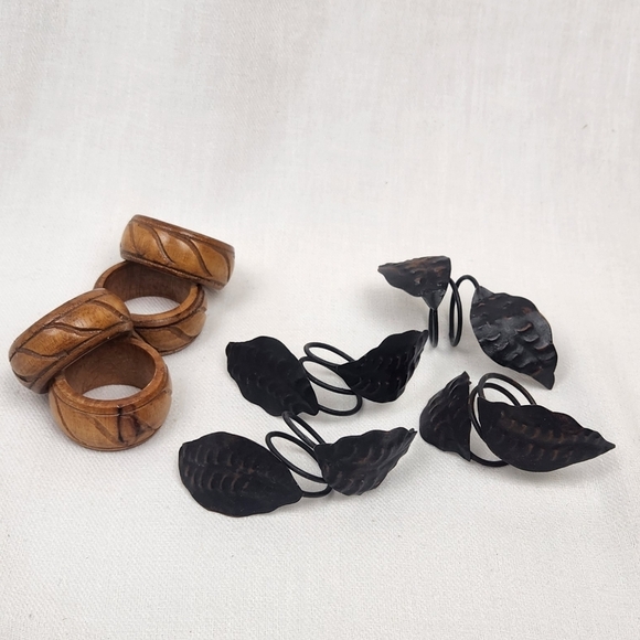 Napkin Rings 2 Sets 1 Designed Wood 1 Metal Leaf. - Picture 1 of 5